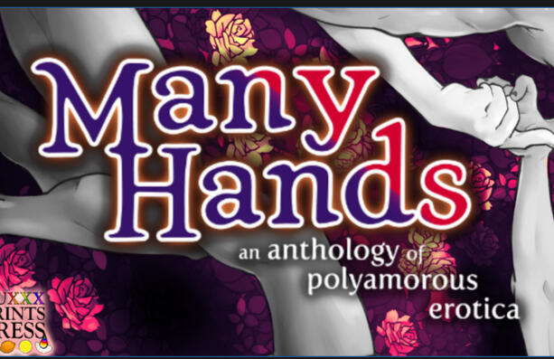 many hands anthology cover. purple flowers in the background with grayscale image of people reaching out for each other, hands and limbs entwining as it is implied these people are having an orgy.